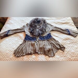 Boston Proper Taupe Knit cardigan with Faux Fur Collar